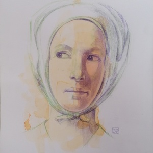 Aquarel and Polychromos, after a painting of Georges de la Tour. Maud Masselink, framed, available