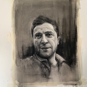 Zelensky charcoal drawing in the studio, Available