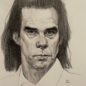 Nick Cave, charcoalpencil on paper. Sold