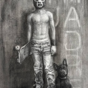 El Luchador, charcoal on paper, framed. Available