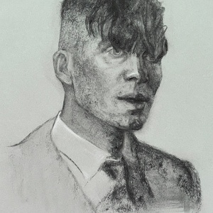 Tommy Shelby Peaky Blinders half covered in mud. Charcoaldrawing on blue paper, available