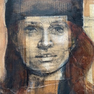 Mixed media portrait on re-used cardboard, sold